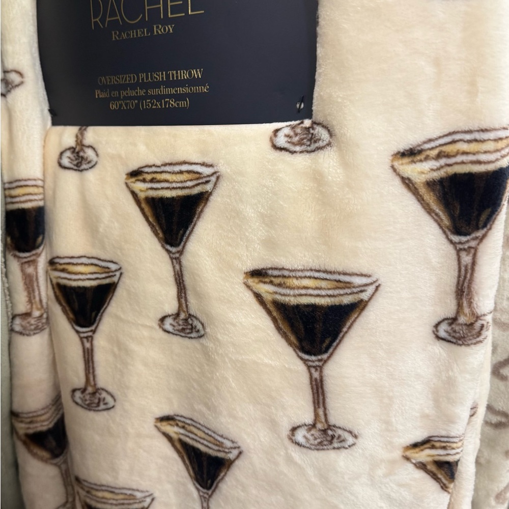 RACHEL Rachel Roy Plush Throw with Martini Glass Design - Cream and Brown
